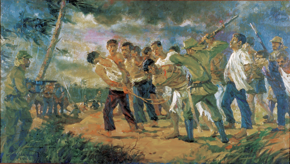 Koeh Sia Yong’s oil painting titled Persecution (1963) showing innocent men dragged to execution grounds by Japanese soldiers. Operation Sook Ching, which took place in the two weeks after the fall of Singapore to the Japanese on 15 February 1942, saw thousands of Chinese men singled out for mass executions. According to some estimates, as many as 50,000 men died in the bloodbath. Courtesy of the National Gallery Singapore, National Heritage Board.