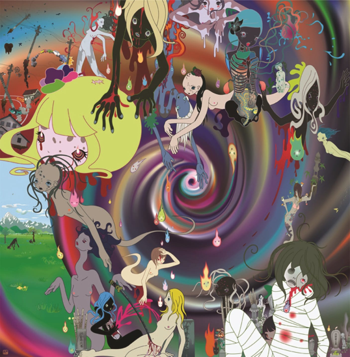 Surreal art with colorful swirling patterns, diverse eerie figures, and a mix of vibrant and dark elements.