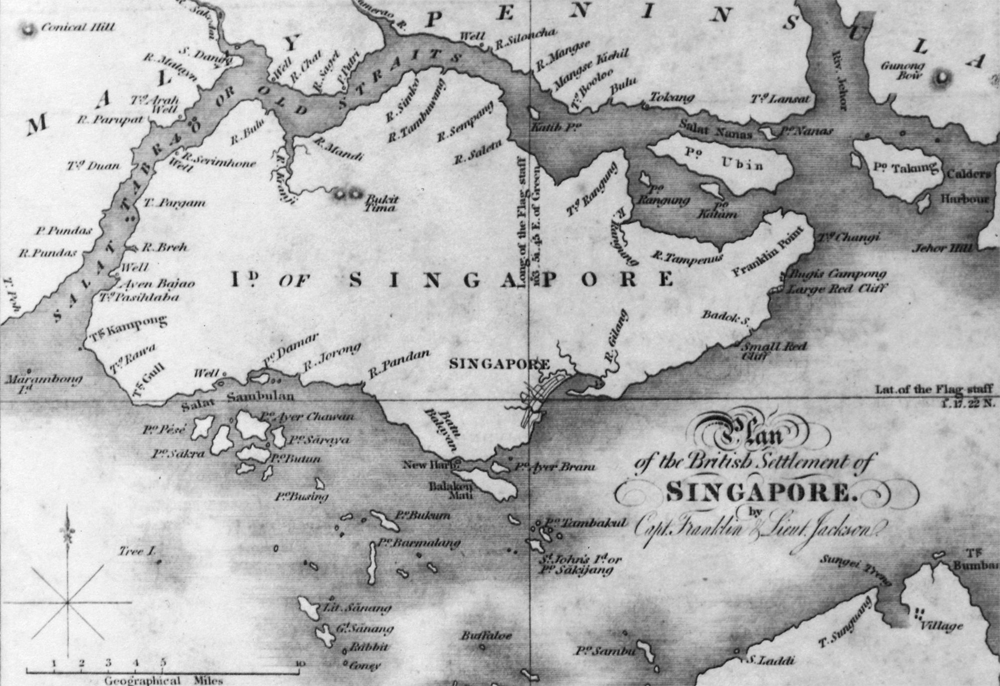 This map of Singapore was created using information gathered during John Crawfurd’s 10-day sail around the island after the conclusion of the Treaty of Friendship and Alliance in 1824. The map was published in his 1828 book, Journal of an Embassy from the Governor-General of India to the Courts of Siam and Cochin-China. Courtesy of National Archives of Singapore.