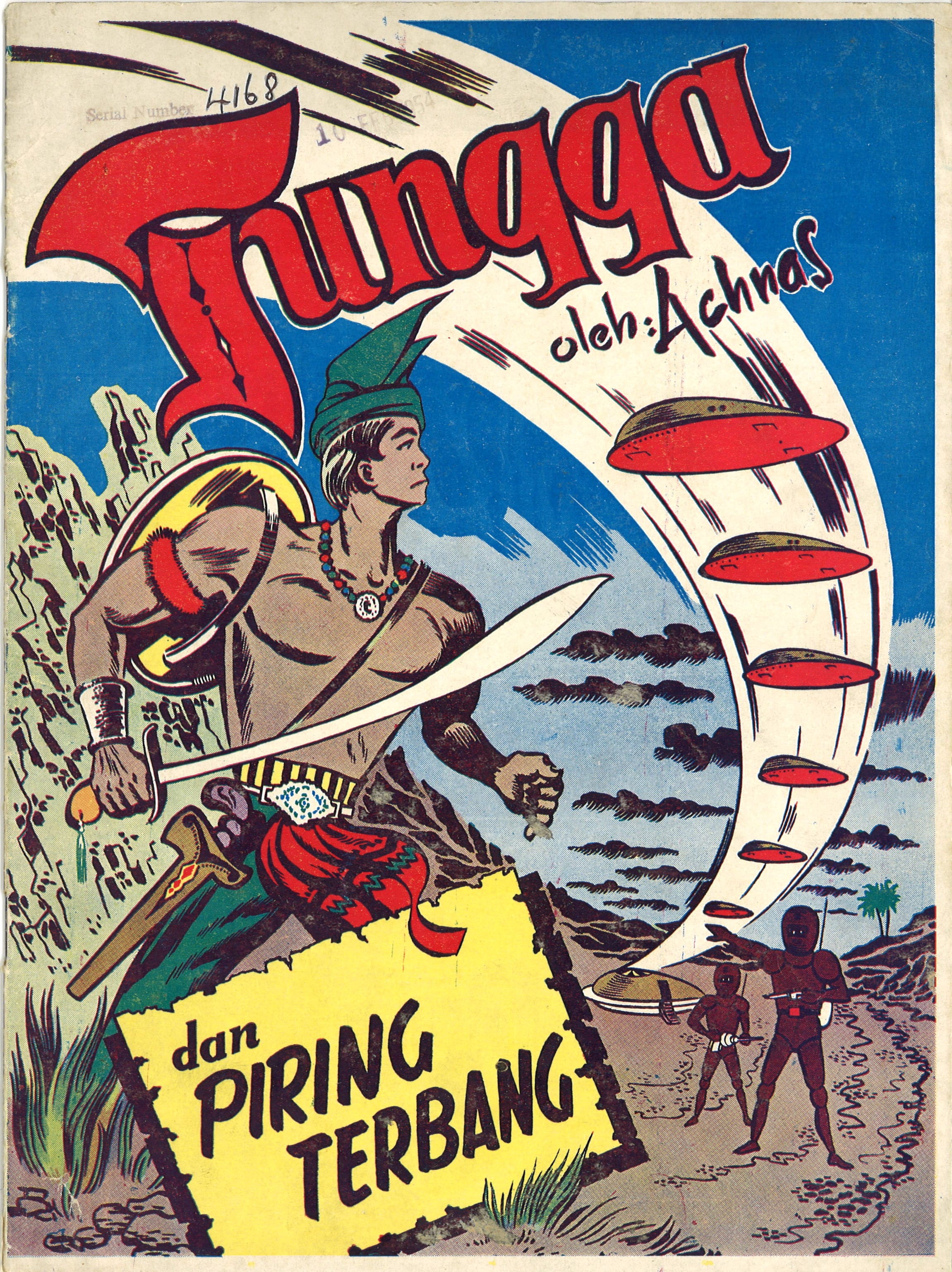 Published in 1953, Tungga dan Piring Terbang (Tungga and the Flying Saucer) is one of the earliest sc-fi publications on record in Singapore. The Malay comic series was created by Indonesian comic artist Naz Achnas. All Rights Reserved, Naz Achnas. (1953). Tungga dan Piring Terbang, Singapore: MIBS. Available via PublicationSG.