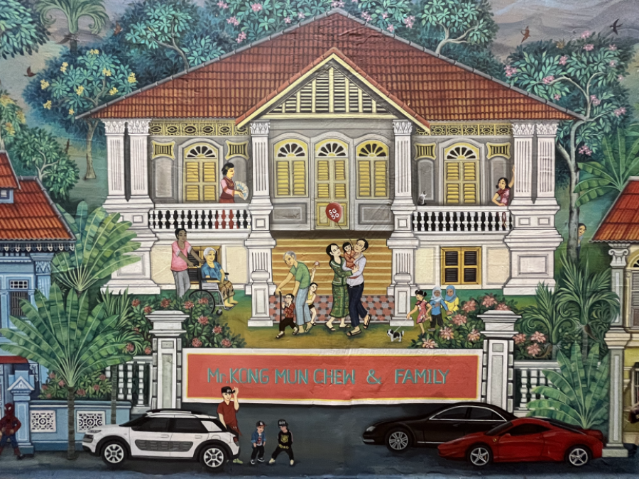 The mural with the row of colourful Koon Seng Road shophouses, 2023. Photo by Thammika Songkaeo.