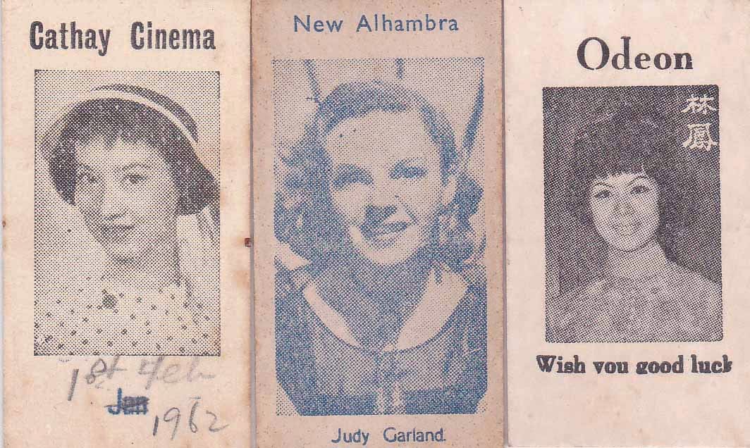 Three vintage cinema cards featuring portraits of women, titled "Cathay Cinema," "New Alhambra," and "Odeon."