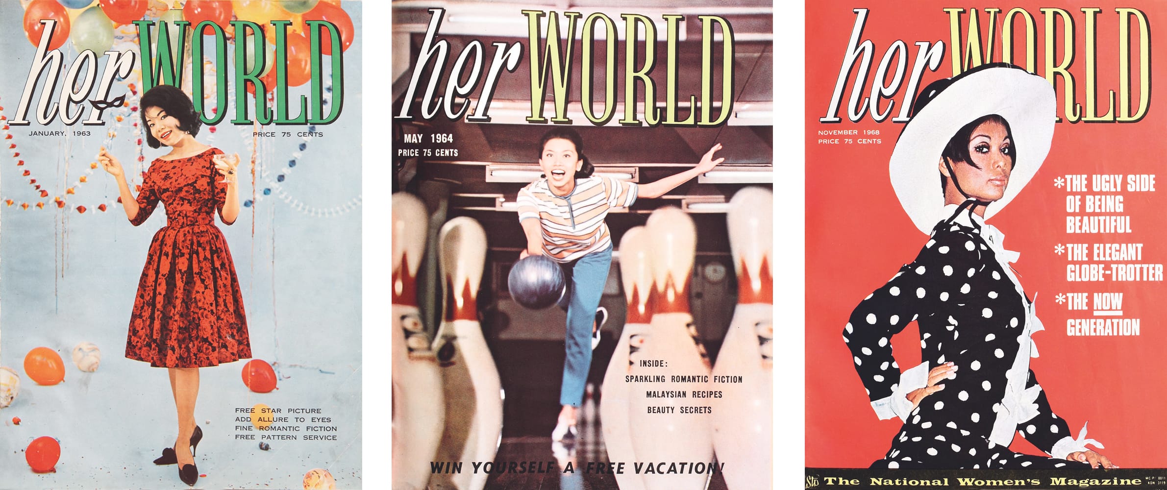 The word “modern” aptly describes these cover girls, who were ahead of their time in the 1960s. From left: Sybil Schwencke, who went from being a flight hostess to a beauty guru; Phila Mae Wong, who inherited her love for fashion from her entrepreneurial mother; and Chan See Foon, who was arguably Singapore’s first supermodel. All magazine covers courtesy of Singapore Press Holdings.