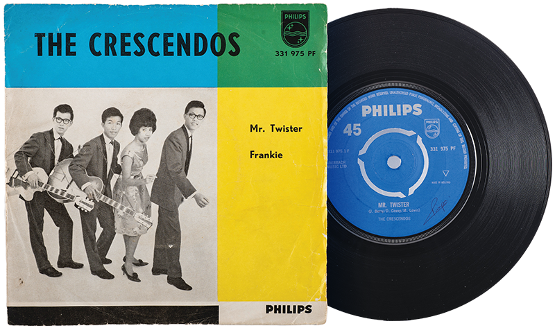 The Crescendos’ first recording, released by Philips in 1963, was the first recording by a Singapore pop band to be released by a recording company. National Archives of Singapore.
