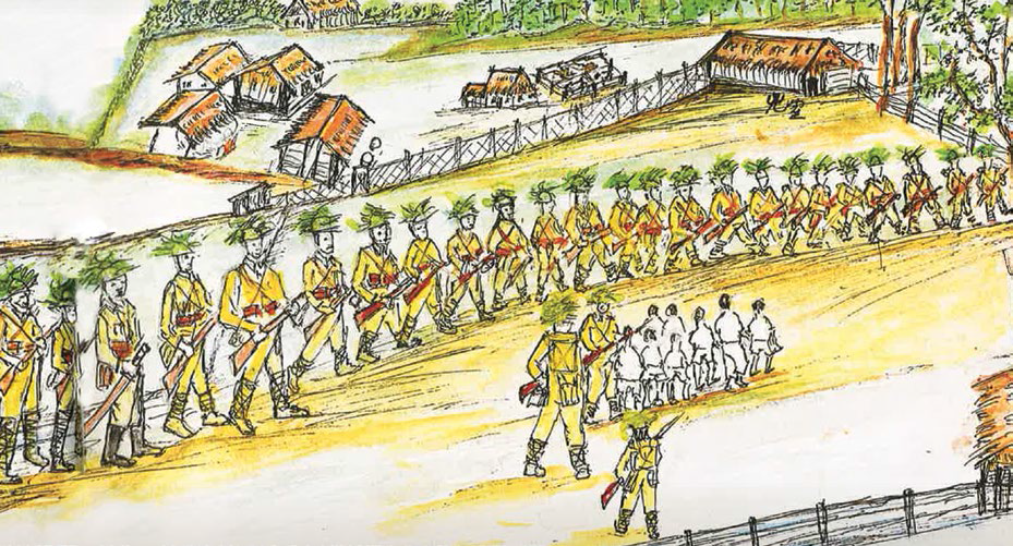 Painting of a scene showing Japanese soldiers herding Chinese men to be killed in the mass execution known as the Sook Ching. According to some estimates, as many as 50,000 Chinese men died during the bloodbath that took place in the days following the fall of Singapore on 15 February 1942. Chia Chew Soo Collection, courtesy of National Archives of Singapore.