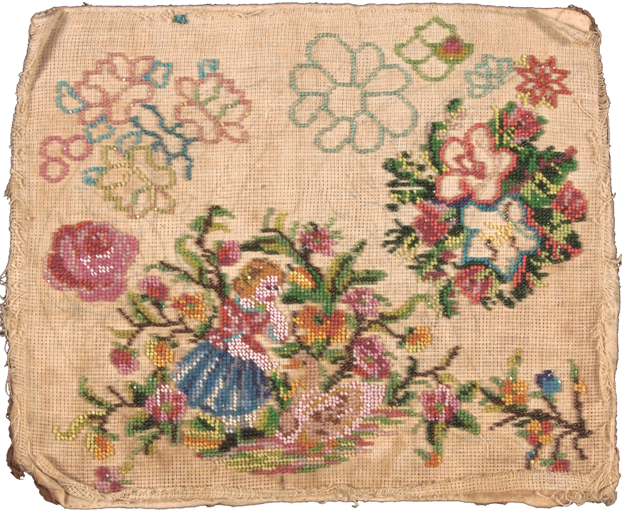 Figure 5: A beadwork sampler is a piece of embroidery that features a variety of stitches or motifs that serves as a model or reference. This sampler from either Singapore or Penang (c. 20th century) features a girl, a duck and flowers. Collection of the Asian Civilisations Museum.