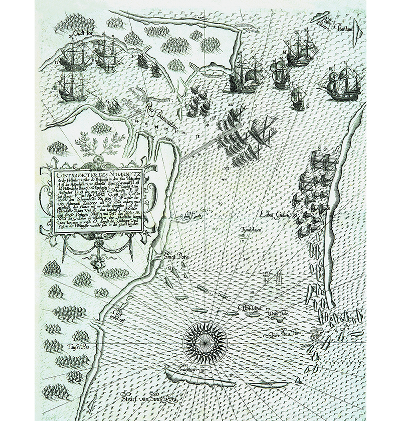 This 1606 engraving by Theodor de Bry, Contrafactur des Scharmutz els der Hollender wider die Portigesen in dem Flus Balusabar (Chart of a Skirmish Between the Dutch and the Portuguese in the Balusabar River), depicts the battles between Dutch and Portuguese naval forces near Singapore in 1603. Collection of the National Library Singapore.