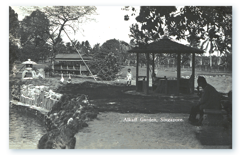 Alkaff Gardens was built in 1930 in the style of a Japanese park, and was a popular destination among locals and Japanese tourists. The garden had a Japanese teahouse that served “refreshments all day and night until 12 o'clock”. The picture on this undated postcard is also featured in an advertisement for Alkaff Gardens published in the 31 May 1930 issue of the Malayan Saturday Post, suggesting that the postcard had been specially commissioned to publicise the garden. On the far left of the picture is a traditional Japanese lantern made of stone called a tōrō. The garden, which was located near the former Bidadari Cemetery, closed in December 1941 in preparation for war. Cedar Girls’ Secondary School currently occupies the site. Accession no.: B32413806E_0002.
