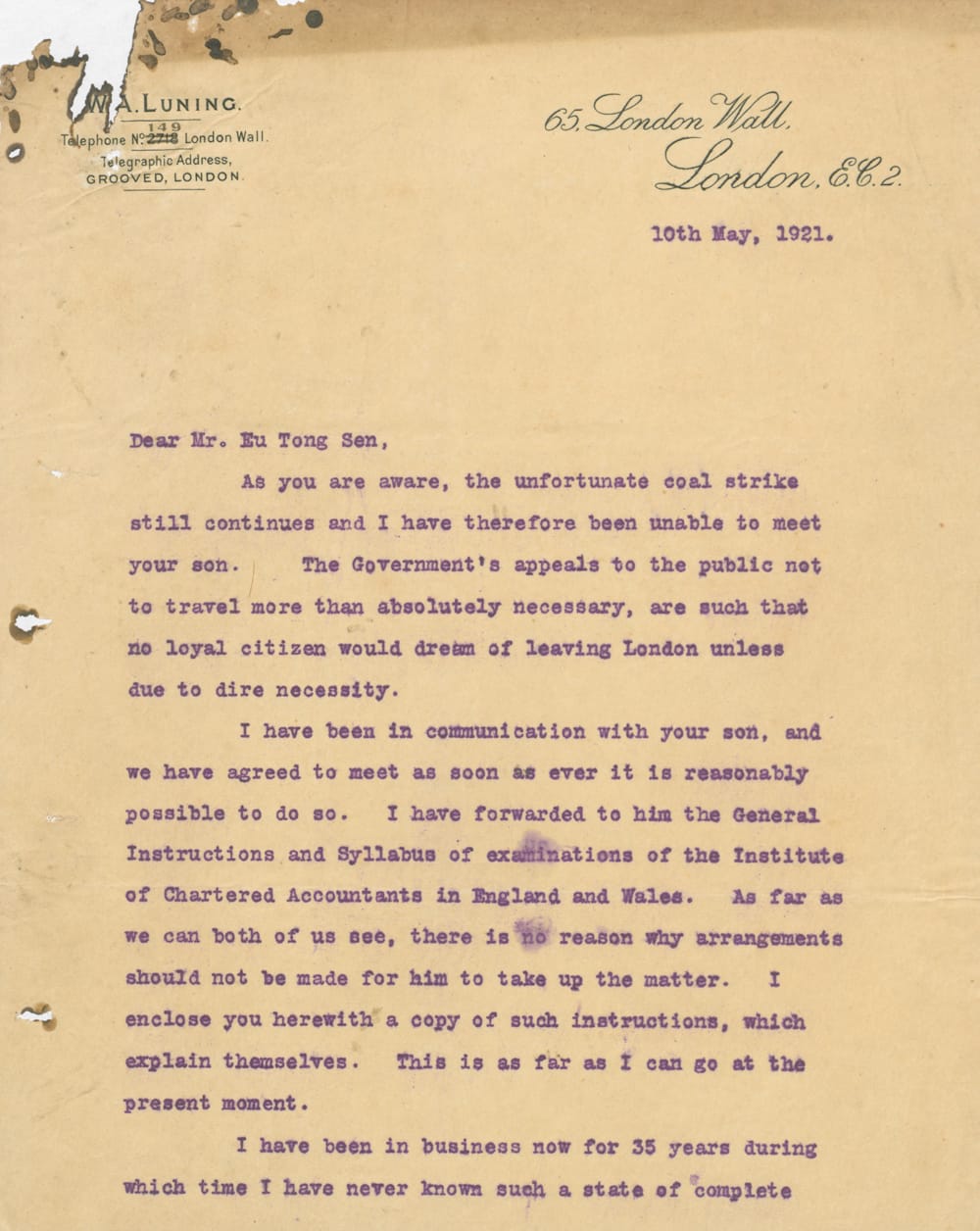 A letter dated May 10, 1921, referencing a coal strike, travel restrictions, and communication about exams for a chartered accountant.