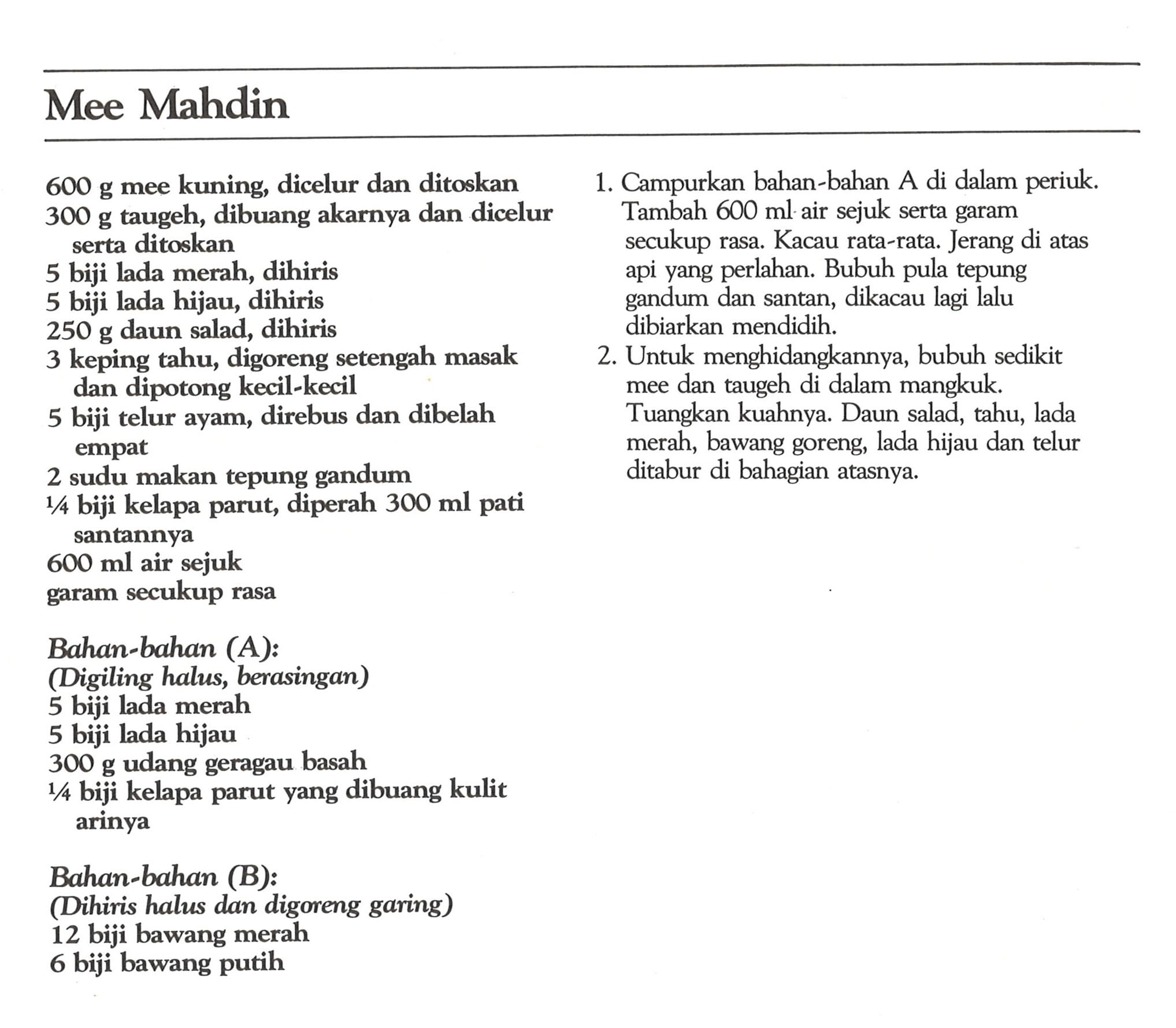 Recipe text for Mee Mahdin in Malay, with ingredients and instructions split into two columns.