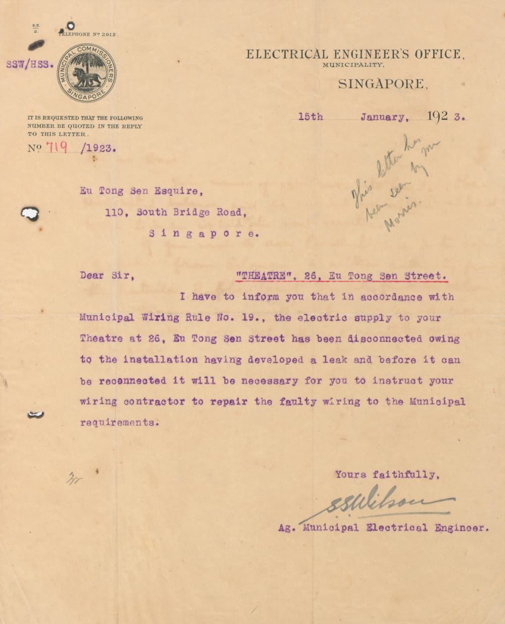 A typed letter dated January 15, 1923, from Singapore’s Electrical Engineer’s Office informing of a disconnection due to faulty wiring.
