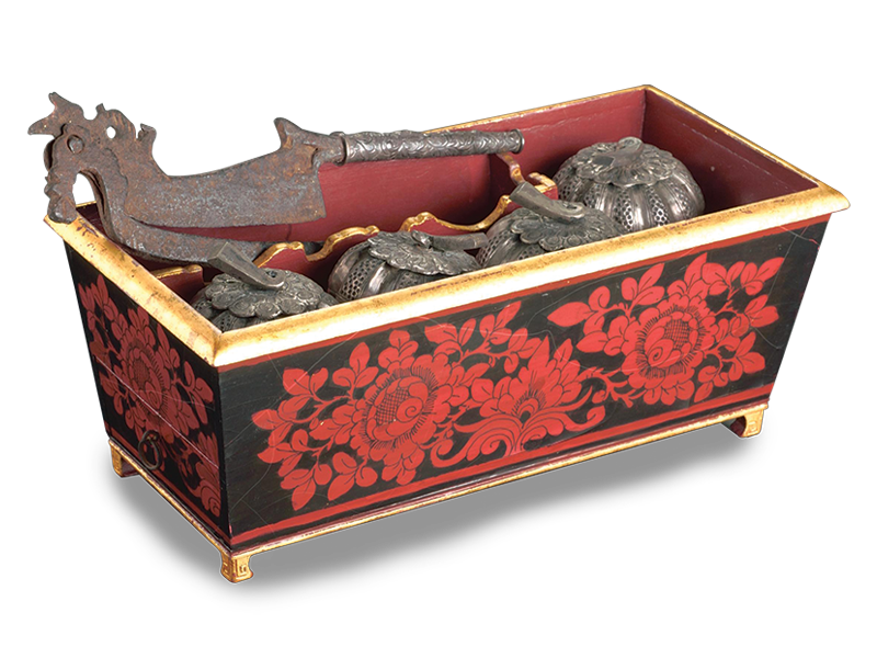 An early 20th-century Straits Chinese betel set comprising four containers (cembul) for storing betel leaves, areca nut slices, slaked lime and gambier, and a nut slicer (kacip) designed as the Malay mythical flying horse known as the kuda sembrani. Courtesy of the National Museum of Singapore, National Heritage Board.|