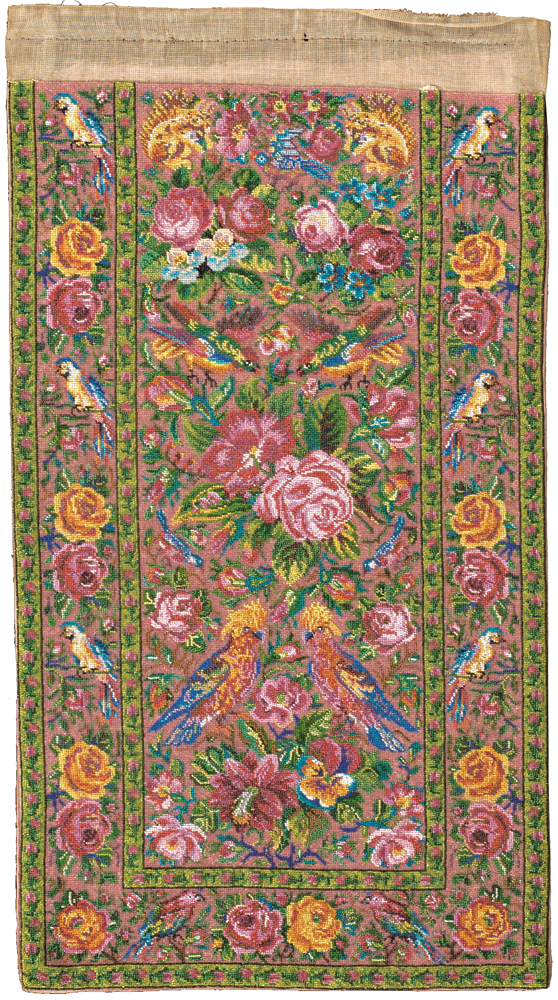Figure 4: A panel with glass bead embroidery on counted thread canvas, probably from Penang, early 20th century. The crested cockatoos, pansies, dahlias and forget-me-nots are motifs adopted from European woolwork patterns. Collection of the Asian Civilisations Museum.