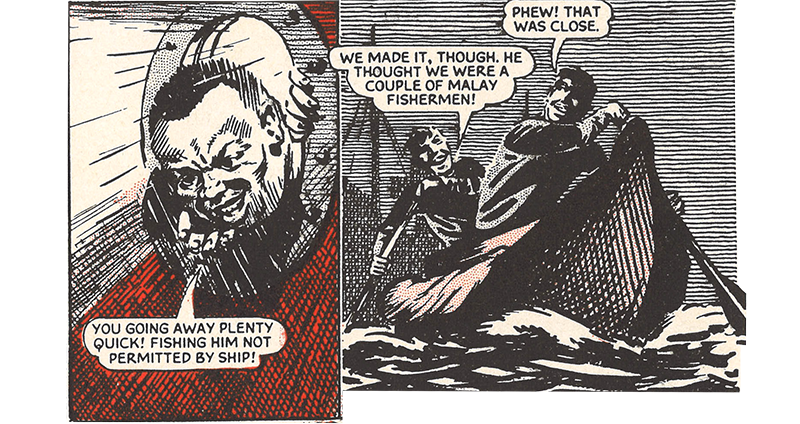 After being spotted by a Japanese sailor, the two men pretend to be Malay fishermen. Image reproduced from The Victor Book for Boys: The Commandos at Singapore, p. 12.