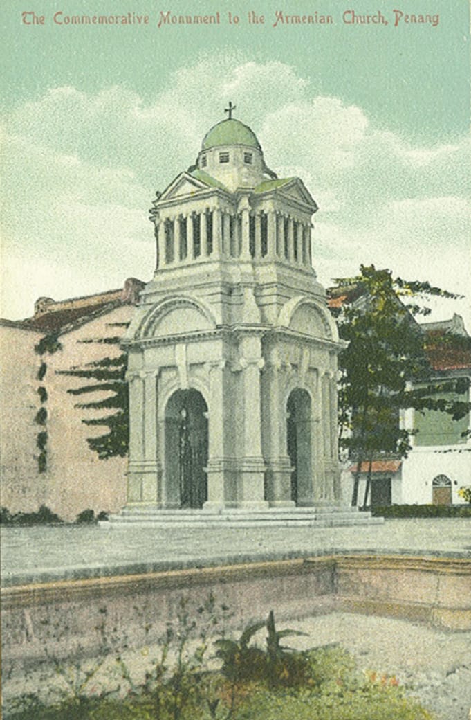 A postcard featuring the Armenian Commemorative Monument in Penang, c.1909.