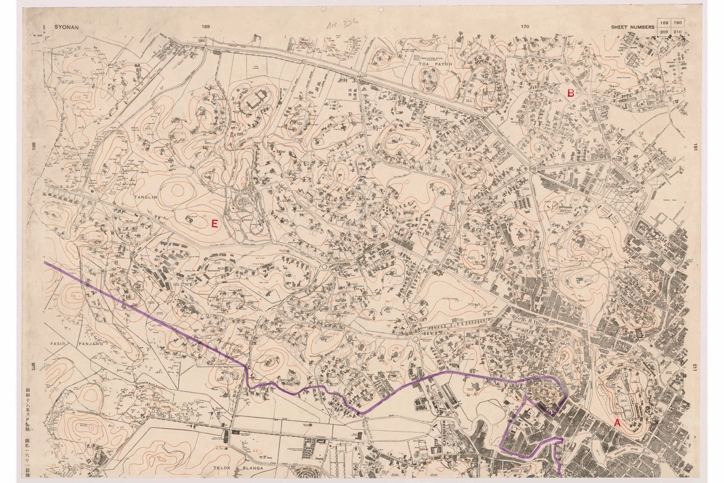A segment of the Singapore Town Plan series map printed by the Japanese in 1943 during the Occupation. The map is labelled "Syonan” on the top left corner and Japanese inscriptions can be seen on the bottom left corner of the map. Survey Department, courtesy of National Archives of Singapore.