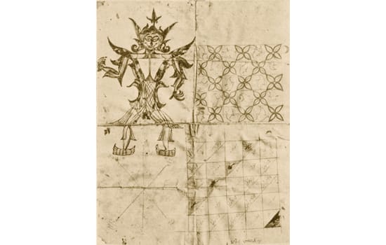 An illustration from Malay Magic which shows diagrams used by pawang for divination. The top left figure has different points drawn on its anatomy for divination means. The bottom left diagram is used like a compass with the diviner counting around it from point to point. The diagrams on the right are two different types of “magic squares”. Image reproduced from Skeat, W.W. (1900). Malay Magic: Being an Introduction to the Folklore and Popular Religion of the Malay Peninsula (after p. 554). London: Macmillan and Co., Limited. Retrieved from BookSG. Collection of the National Library, Singapore. (Call no.: RRARE 398.4 SKE; Accession no.: B02930611K).