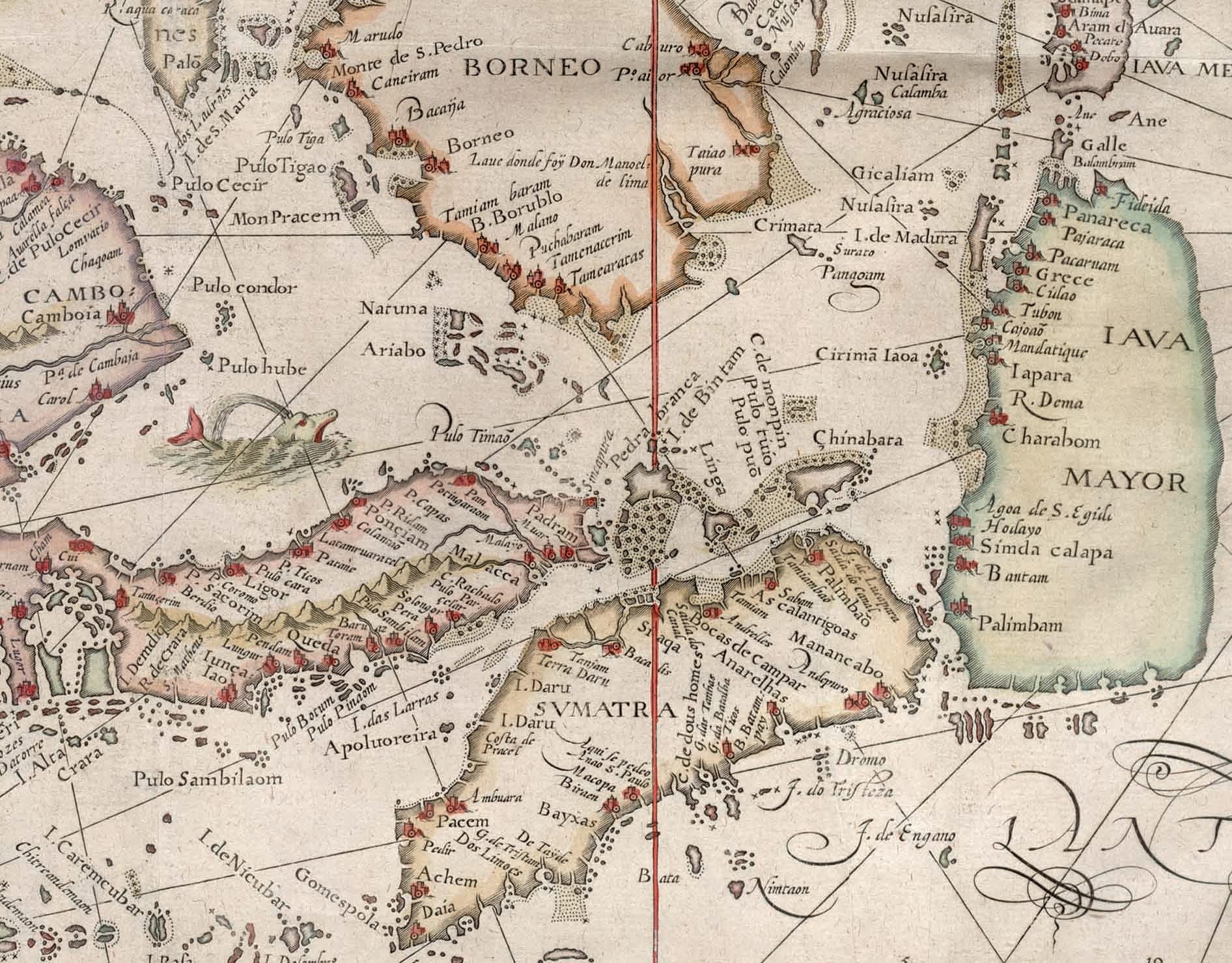 The Dutch merchant/traveller and historian, Jan Huygen van Linschoten (1563–1611) is credited with writing a book on the navigational routes to the elusive East Indies (referring generally to India and Southeast Asia). The Portuguese, who at that time controlled the lucrative spice trade to Europe, kept such information secret. Sailing directions and accurate maps from Linschoten's book Itinerario (first published in 1596), later paved the way for the Dutch and British to venture to the region. This cropped detail of a larger map from the English edition of the Itinerario, published in 1598, shows "Sincapura" at the tip of the Malay Peninsula. Interestingly, Linschoten's map is oriented with the east at the top, with the entire region positioned on its side. National Library of Singapore Collection.