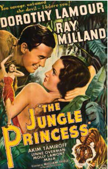 The Jungle Princess (1936), starring Dorothy Lamour as a native girl, is the first talkie to use actual Malay dialogue. The story reflected multiethnic Malayan society by including a Chinese servant alongside Malay villagers and European hunters. Image source: Iceposter.com.