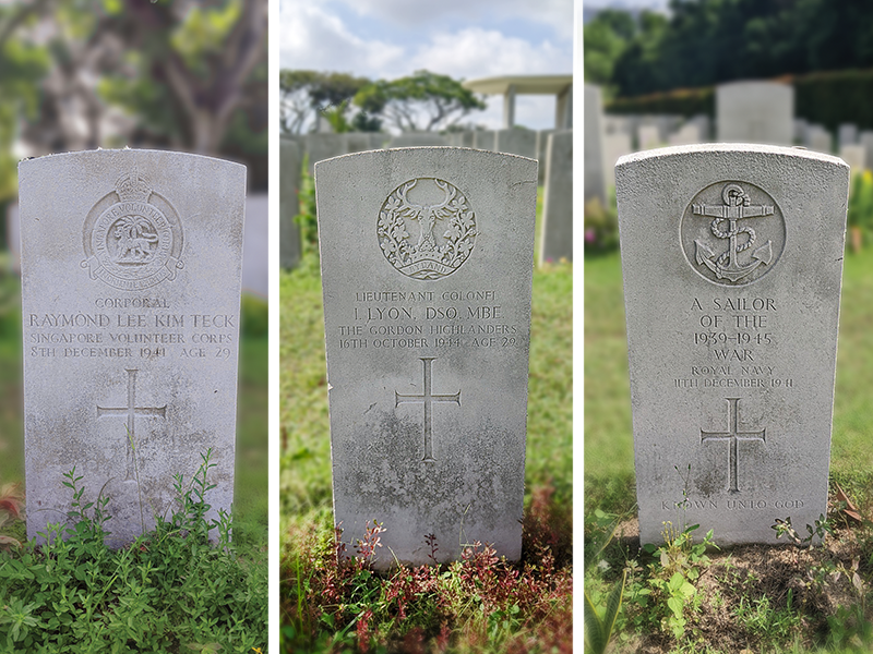 From left: The headstones of Corporal Raymond Lee Kim Teck of the Singapore Volunteer Corps, Lieutenant Colonel Ivan Lyon of the Gordon Highlanders and an unidentified sailor from the Royal Navy. Photos by and courtesy of Janice Loo.