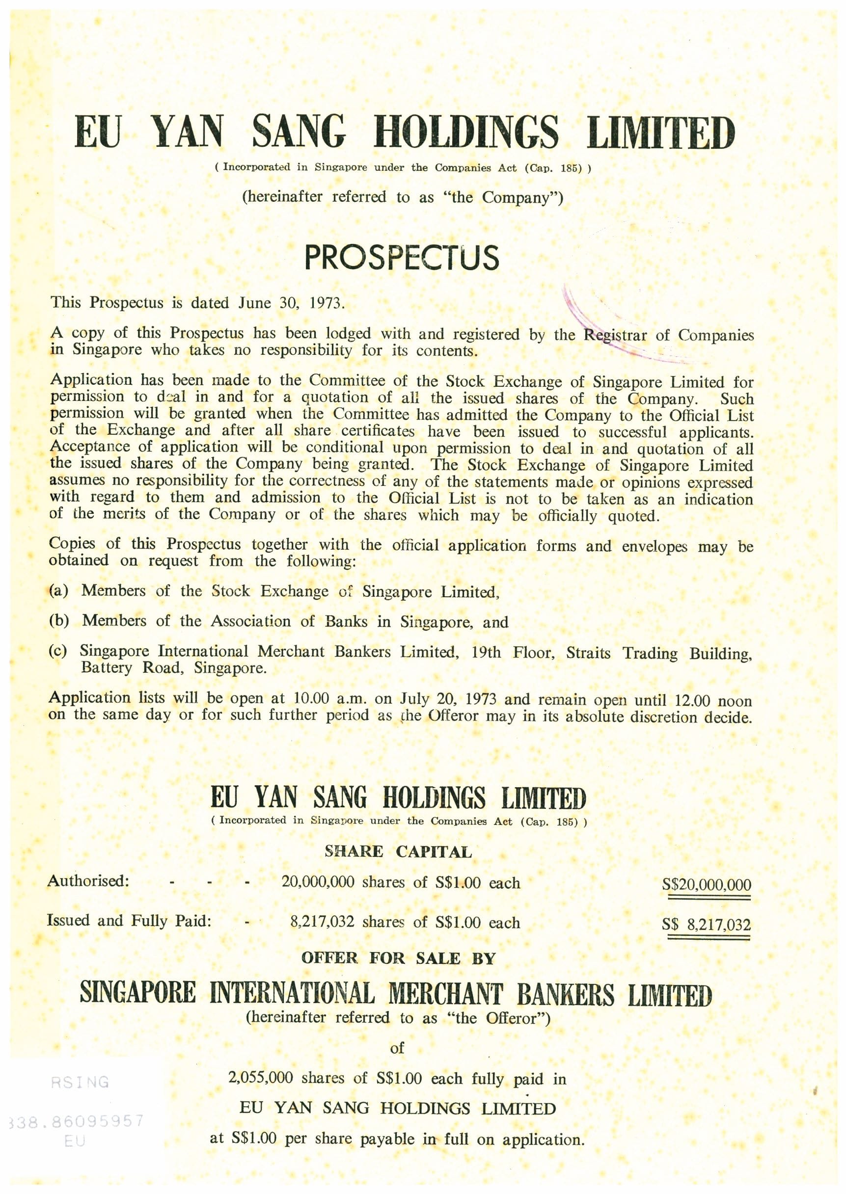 Prospectus of Eu Yan Sang Holdings Ltd dated 30 June 1973. All rights reserved, Eu Yan Sang Holdings Ltd, 1973.
