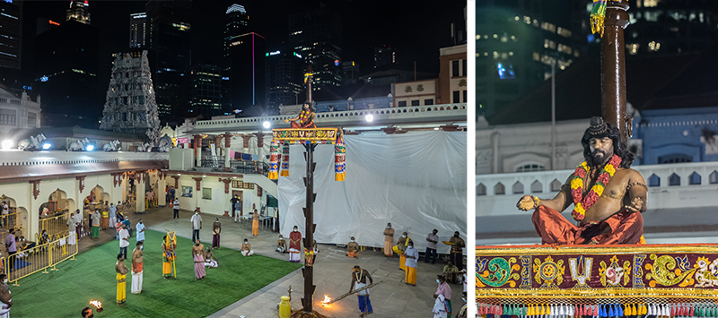 Arjunan Thabasu at the Sri Mariamman Temple, 2021. The ritual involves Arjunan climbing the thabasu maram (which represents a bael tree) where he meditates to receive a weapon called pasupastra from Siva. Pictured here is the volunteer Kumaran, who has assumed the role of Arjunan for around four years now. Courtesy of the Hindu Endowments Board.