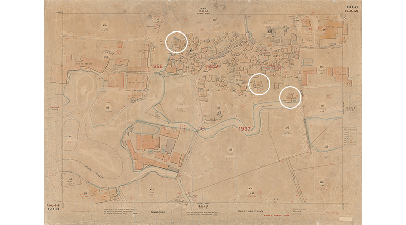 Detail from a 1937 survey map of Singapore showing three belacan factories in Kallang (circled). The Kallang River is seen along the left and bottom parts of the map. Accession no. SP006035, Survey Department Collection, courtesy of National Archives of Singapore.