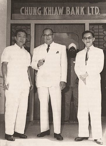 Managing Director Lee Chee San (centre) with friends at the opening of the Tiong Bahru branch of Chung Khiaw Bank in 1958. All rights reserved, Yeap, J. K. (1994). Far from Rangoon: Lee Chee San 1906–1986. Singapore: Lee Teng Lay.