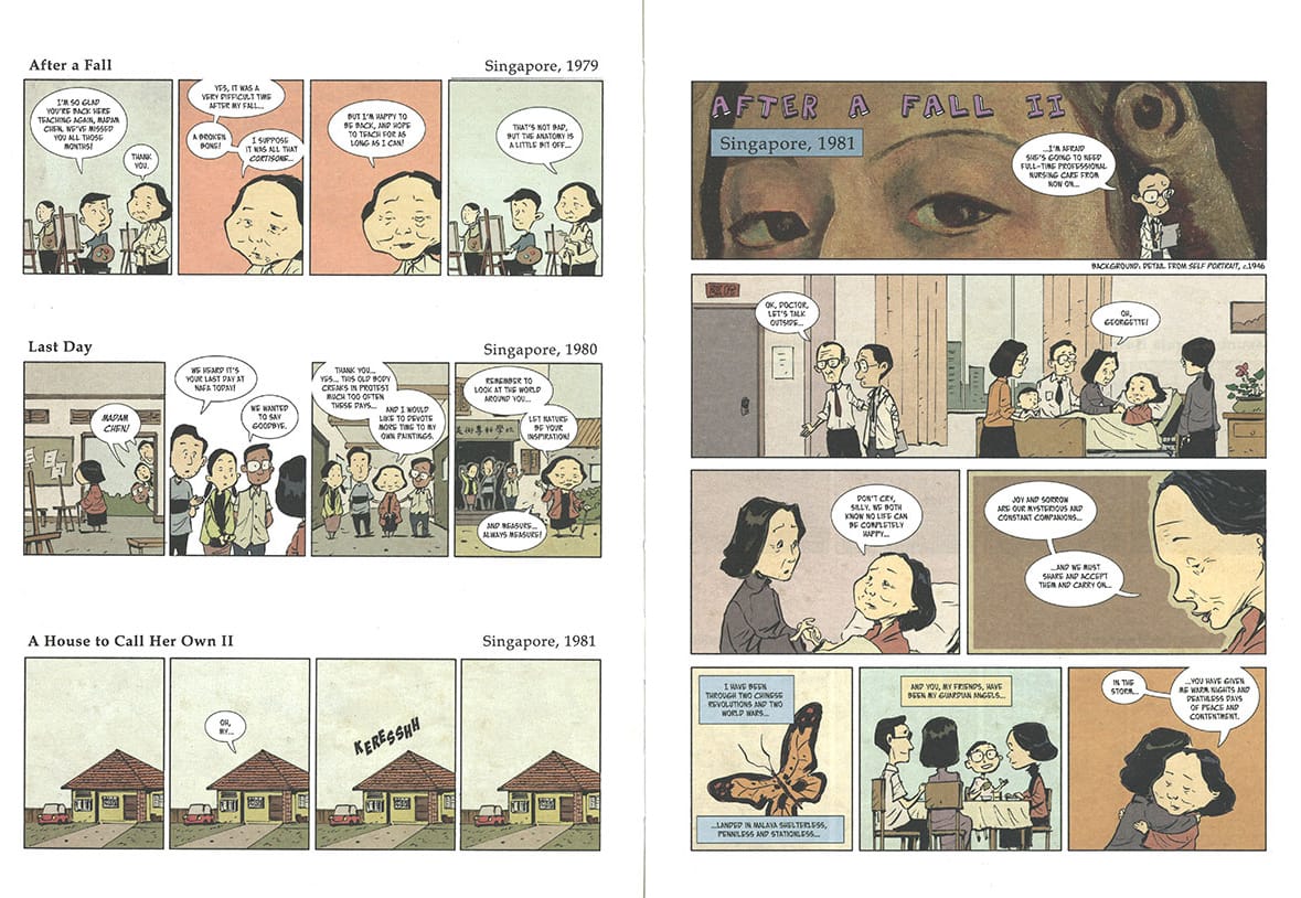 This comic celebrates the legacy of one of Singapore’s most prominent pioneering artists Georgette Chen. It is illustrated in a soft, milky palette. Images reproduced from Sonny Liew, Warm Nights, Deathless Days: The Life of Georgette Chen (Singapore: National Gallery Singapore, 2014).