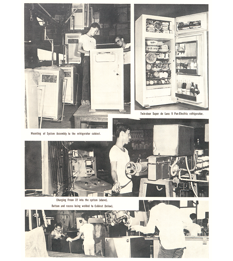 The various processes involved in making the twin door Pan-Electric Super de Luxe 9 refrigerators at the Kampong Arang Road factory. Images reproduced from Directors' Report and Accounts, Dec. 31, 1968 (Pan-Electric Industries Limited), 3. (From National Library Online).
