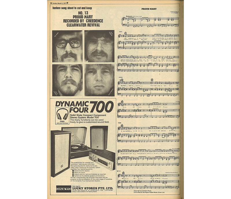 The Ministry of Culture ordered Fanfare to tear out this page before putting the issue up for sale as it contained the sheet music and lyrics to “Proud Mary”, a “detained” song that supposedly made references to drugs. Image reproduced from Fanfare, 5 March 1971 (Singapore: The Straits Times Group, 1971), 10. (From PublicationSG).