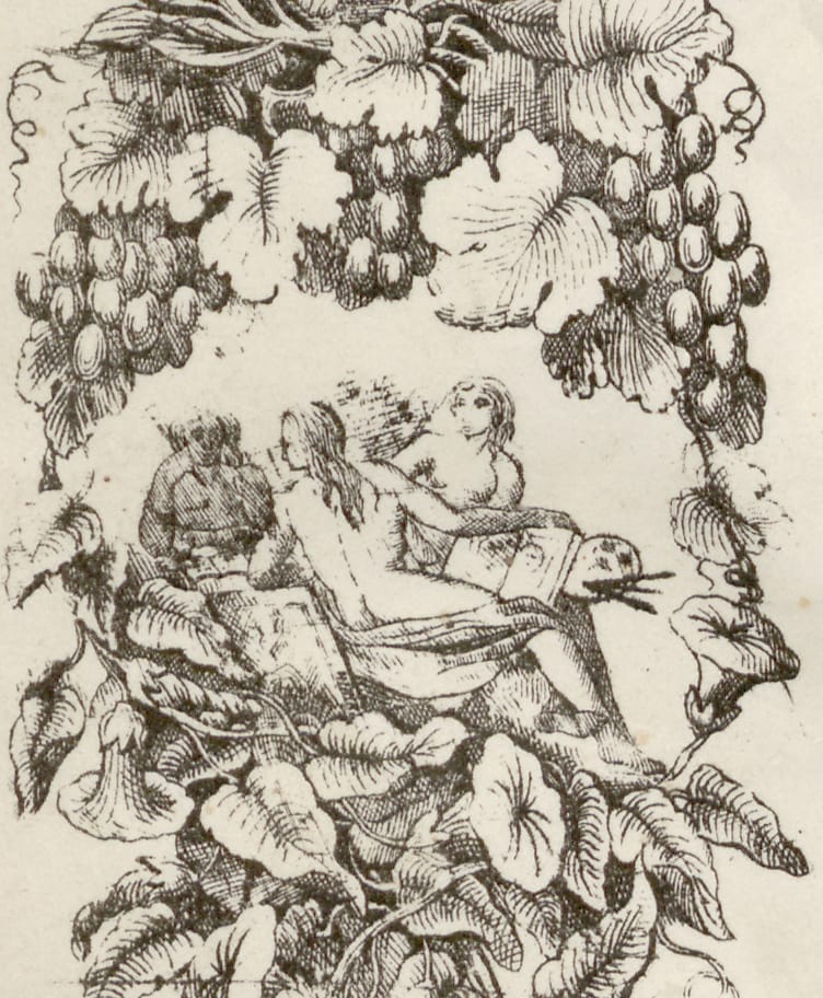 The depiction of individuals on the left hand border engaged in reading, painting and conversation represents culture, refinement and self-cultivation associated with the liberal arts and humanities.