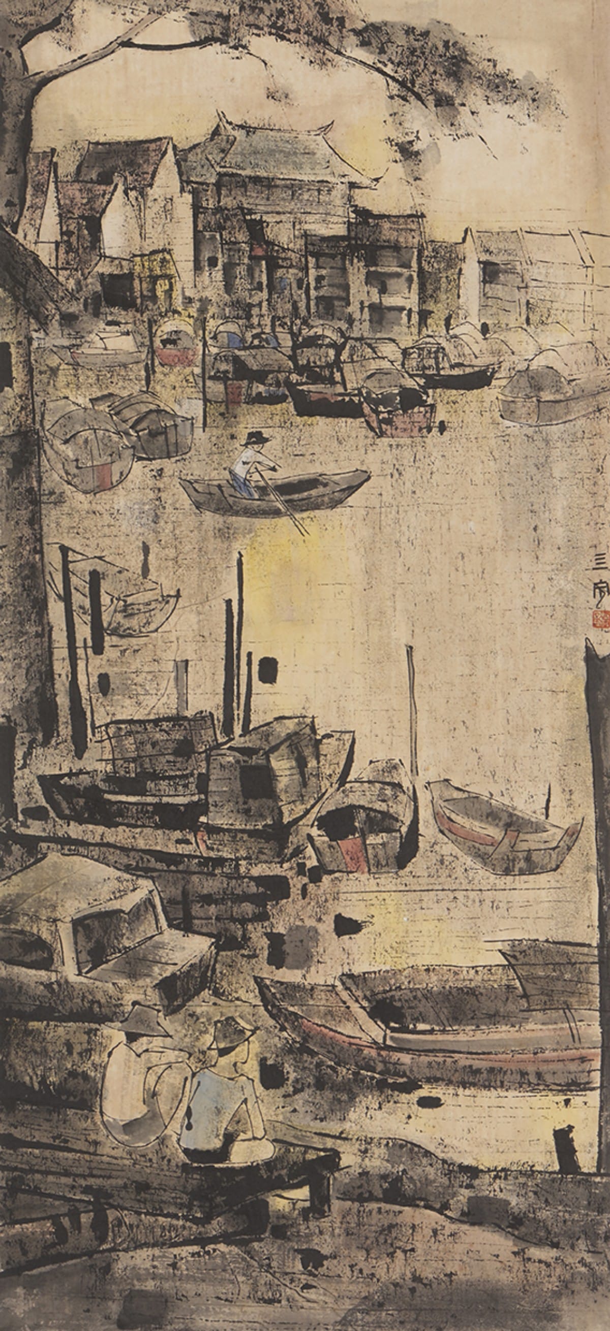 Cheong Soo Pieng, "Singapore River", c. 1961. Chinese ink and colour on paper, 60 × 111 cm. Gift of Ministry of Culture. Collection of the National Gallery Singapore, courtesy of National Heritage Board.
