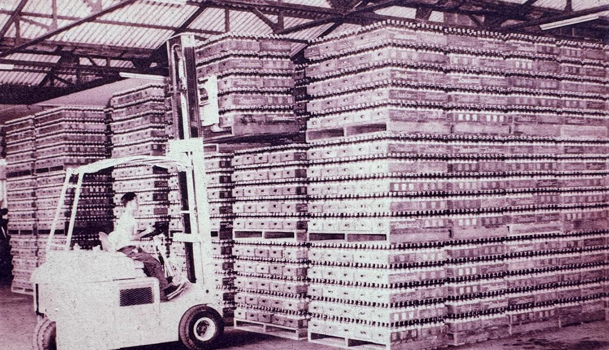 Crates of Sinalco stored in the warehouse within the factory of the National Aerated Water Company on Serangoon Road, c. 1950s. Courtesy of URA Collection.