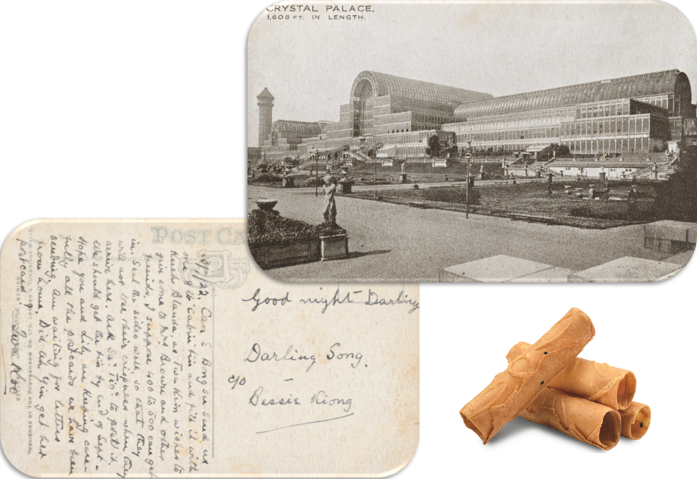 Besides sightseeing, Mr and Mrs Song Ong Siang also visited friends in Britain. Deciding that they should take along some popular Straits Chinese snacks as gifts on their visits, Song wrote to Darling Song on 3 July 1922, requesting for a tin of kueh blanda to be shipped to them. Kueh blanda, or kueh belanda, commonly referred to as “love letters”, is a crunchy wafer-thin roll offered to guests during Chinese New Year. The postcard shows Crystal Palace at Sydenham Hill. It was originally built in Hyde Park to house the Great Exhibition of 1851. In 1854, the structure was dismantled and rebuilt at Sydenham Hill in South London, where it stood until it was destroyed by a fire in 1936. Collection of the National Library, Singapore. (Accession no.: B29259933I).