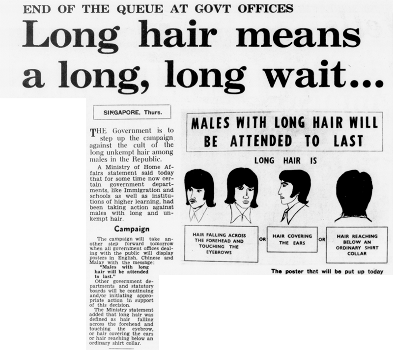 All government offices had to display this poster and serve men with long hair last, 1972. Source: The Straits Times, 23 June 1972 © SPH Media Limited. Permission required for reproduction.