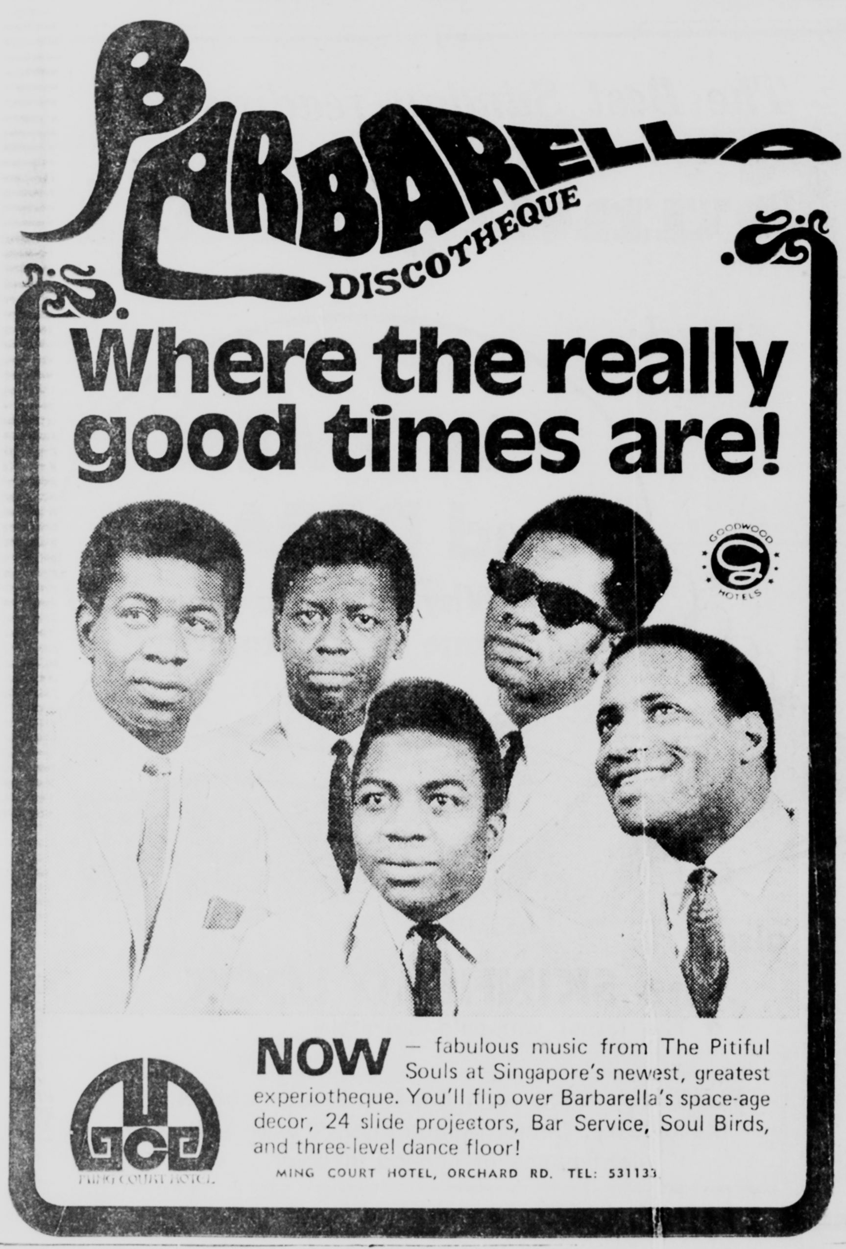 Barbarella discotheque advertising performances by its foreign band, The Pitiful Souls. Image reproduced from The Straits Times, 3 January 1970, p. 20.