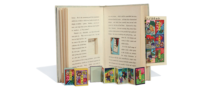 *Otogi-Banashi: A Miniature Toy-Book from Japan* contains three miniature books on well-loved Japanese folktales as well as an introductory essay on the history of toy books and woodblock prints. Herring, A., & Hirose, T. (1969). Otogi-Banashi: A miniature toy-book from Japan. Tokyo: Ise-Tatsu. Asian Children’s Literature Collection, National Library, Singapore. (Call no.: RCLOS 895.63 HER).