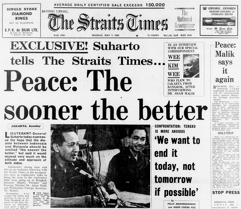 In April 1966, Wee Kim Wee secured an exclusive interview with Lieutenant-General Suharto where he announced his intention to end Konfrontasi. The interview was published in the Straits Times on 2 May 1966. Source: The Straits Times, 2 May 1966, 1 © SPH Media Limited. Permission required for reproduction.