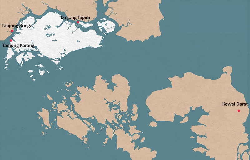 Locations where stone tools were found: Tanjong Karang (now Tuas) on the main island of Singapore, Tanjong Tajam on Pulau Ubin, Tanjong Bunga in Johor and Kawal Darat in Bintan.