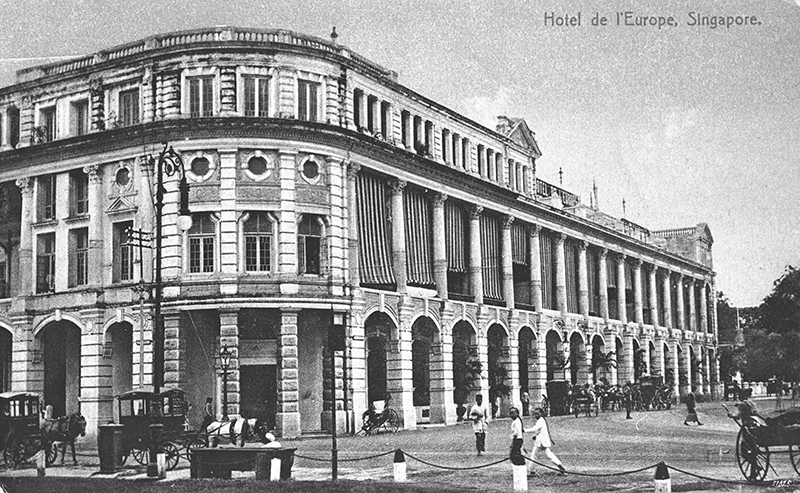 Hotel de l'Europe on the corner of High Street and Esplanade Road, c. 1906. Lim Kheng Chye Collection, courtesy of National Archives of Singapore.