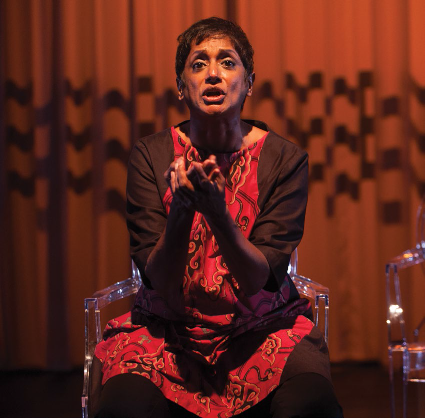 Jo Kukathas performs in the 2012 production of Huzir Sulaiman’s Occupation (2002). The monodrama revolves around Huzir’s grandmother, Mrs Mohamed Siraj, and her real-life experiences growing up in Singapore during the Japanese Occupation. Photo by Tan Ngiap Heng. Courtesy of Checkpoint Theatre.