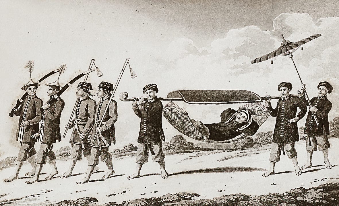 This illustration in the book shows how rich and high-ranking people were transported in Cochin China (present-day South Vietnam). All rights reserved, Crawfurd, J. (1828). Journal of an Embassy from the Governor-General of India to the Courts of Siam and Cochin China. London: Henry Colburn.