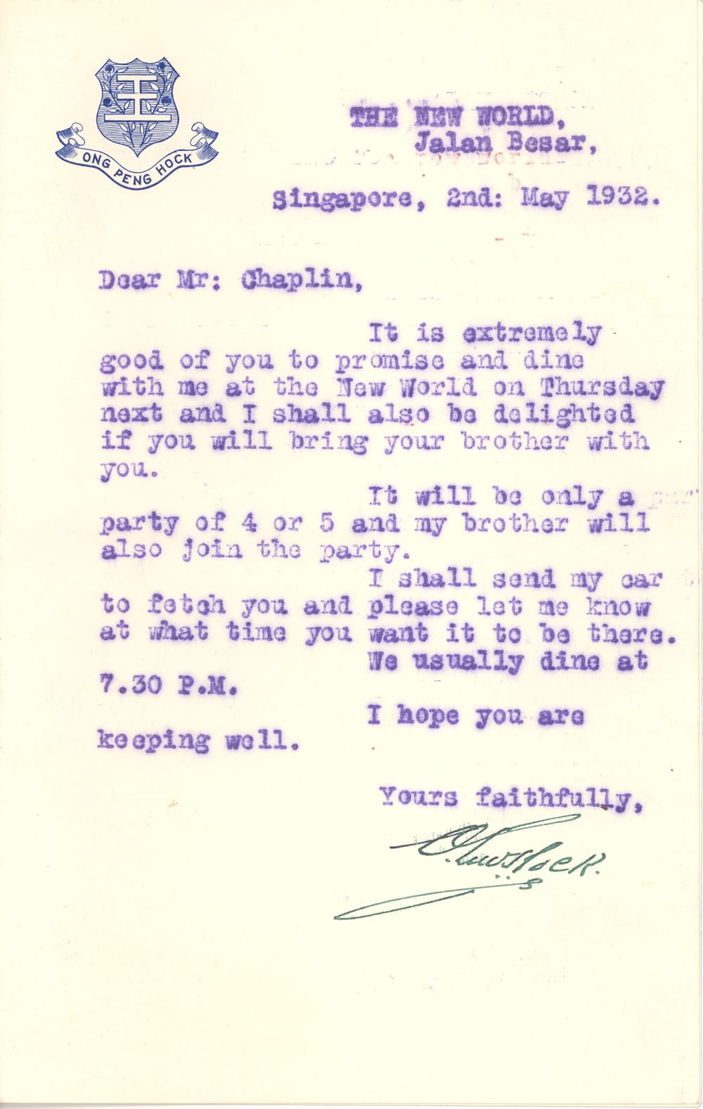 Letter from tycoon Ong Peng Hock inviting Charles Chaplin and his brother Sydney Chaplin for dinner at the New World amusement park. Courtesy of Charlie Chaplin Archive.