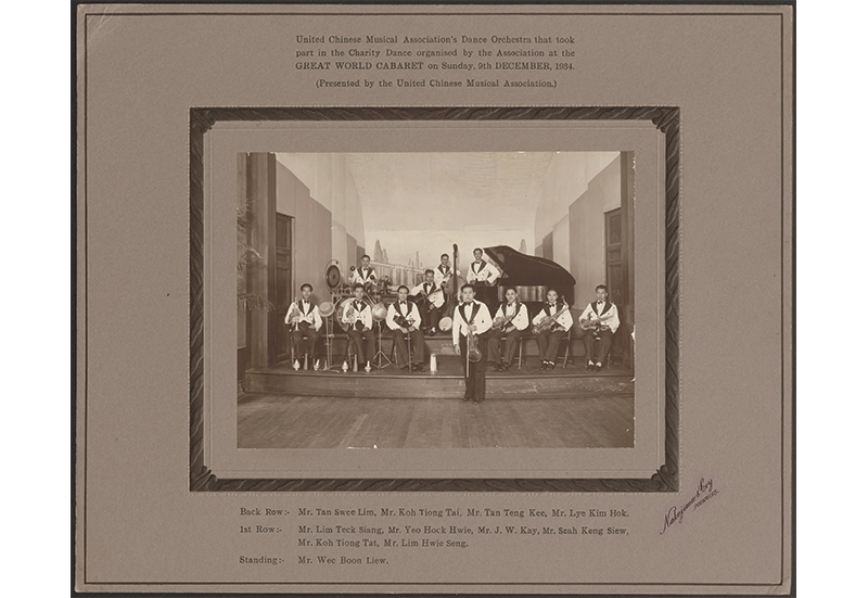 Members of the dance orchestra of the United Chinese Musical Association. This photo by Nakajima & Co. commemorates their participation at the charity dance event at Great World Cabaret on 9 December 1934. All rights reserved, Roberto Pregarz. From PictureSG, National Library, Singapore.