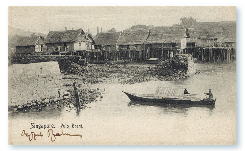 Sampans and serene fishing villages off Pulau Brani were sights early visitors to Singapore might have seen as they arrived on the island. This postcard was addressed to someone in Russia but appears not to have been sent. Publisher: Wilson & Co. for Hotel de l’Europe & Orchard Road, Singapore. Accession no.: B32413807F_0004.
