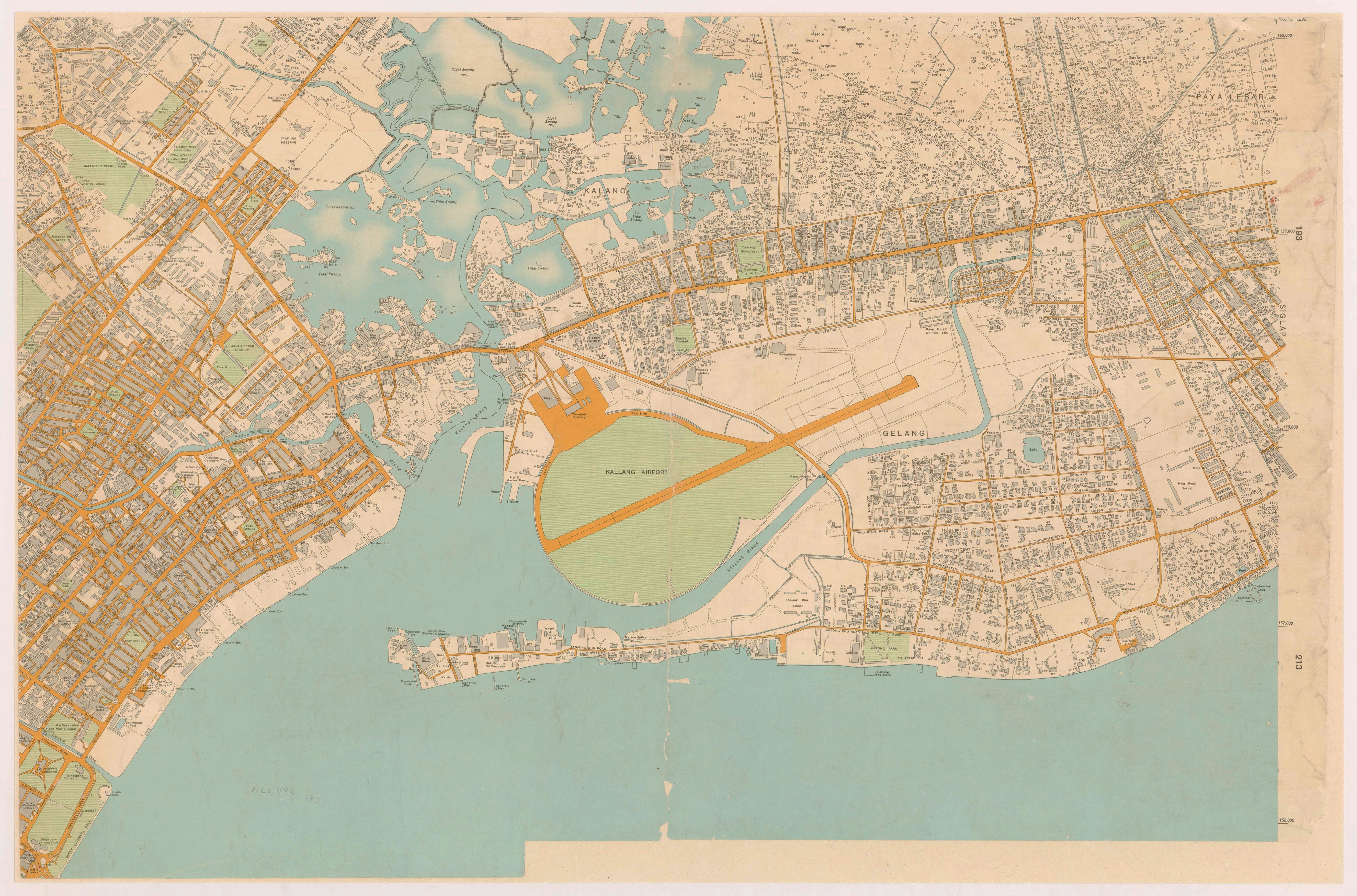 General Reference Map: A section from a six-part large-scale map, “Map of Singapore City, 1954”, covering Bugis, Kallang and Geylang. Survey Department, courtesy of National Archives of Singapore.