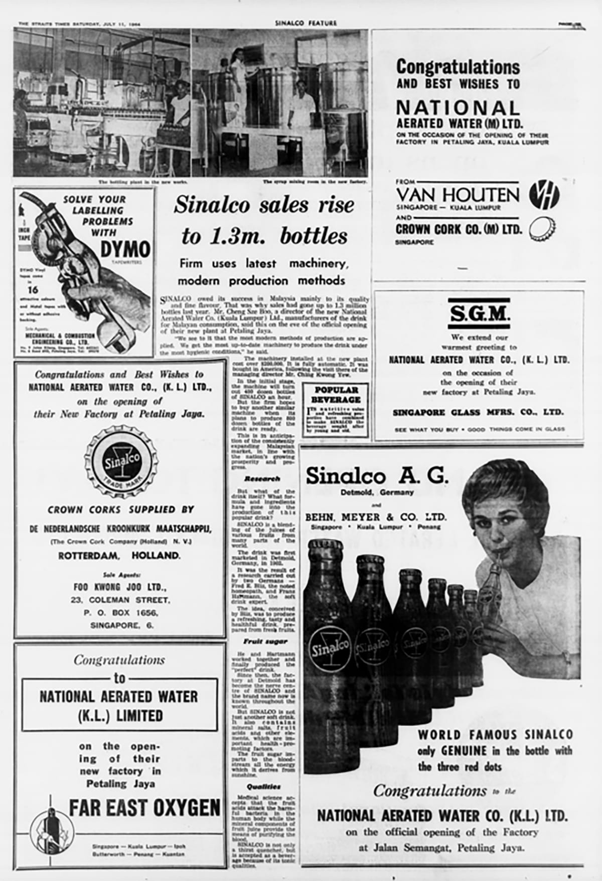 A special feature on the new factory of the National Aerated Water Company in Petaling Jaya, Malaysia, which opened in July 1964. Source: The Straits Times, 11 July 1964, 3 © SPH Media Limited. Permission required for reproduction.