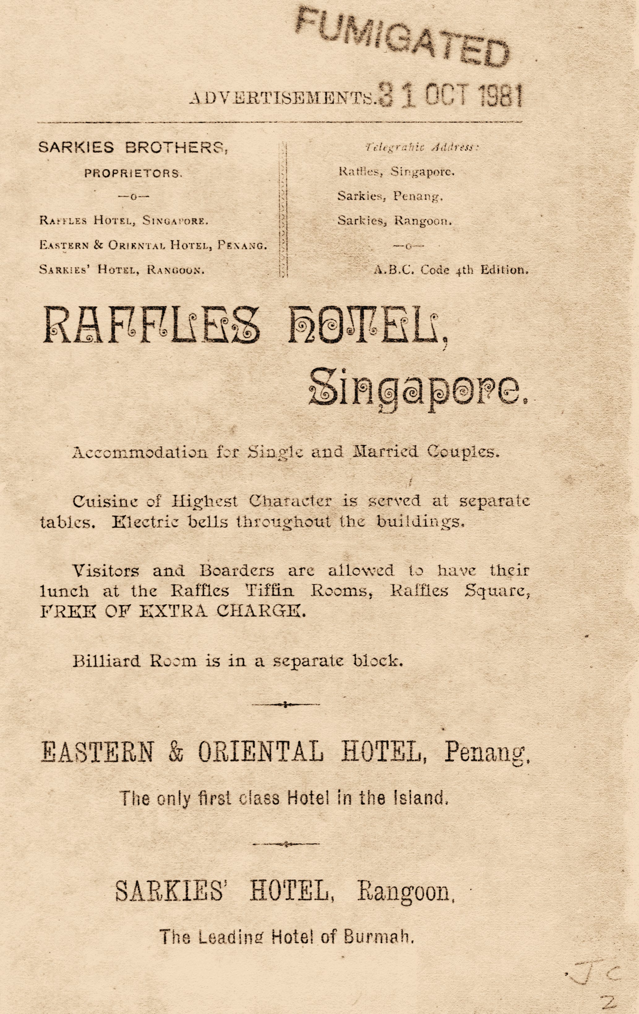 One of the advertisements in the book promoting the Raffles Hotel in Singapore, the Eastern & Oriental Hotel in Penang and the Sarkies’ Hotel in Rangoon. All three were owned by the famous Sarkies brothers. All rights reserved, Reith, G. M. (1892). Handbook to Singapore, with Map and Plan of the Botanical Gardens. Singapore: The Singapore and Straits Printing Office.