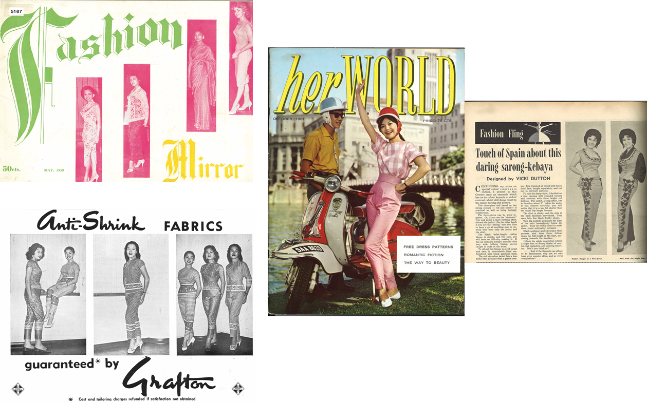 (Left) Fashion Mirror was one of the most popular magazines in Singapore during its time with its emphasis on local fashion trends. Featured on page 16 of the May–June 1959 issue is a modern version of the traditional Chinese samfu using a special anti-shrink fabric. All rights reserved, Princess Enterprises. (1959, May–June). Fashion Mirror. Singapore: Princess Enterprises.(Right) Her World, first launched in July 1960, is one of Singapore’s longest-running women’s magazines. The October 1961 edition – with Margaret Mok on the cover – featured on page 10 a sarong kebaya with Spanish-influenced “wide billowy bishop sleeves caught in cuffs at the wrist”. All rights reserved, Straits Times Press. (1961, October). Her World (p. 10). Singapore: Straits Times Press (Malaya) Ltd.